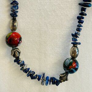 EUC Bead & Chip Necklace, Cobalt Blue Chips w/Multi-Color Beads, 33" L